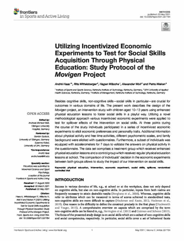 Utilizing Incentivized Economic Experiments to Test for Social Skills Acquisition Through Physical Education: Study Protocol of the Movigen Project