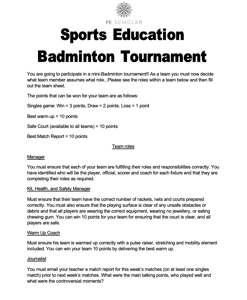 Sports Education Badminton Student Booklet