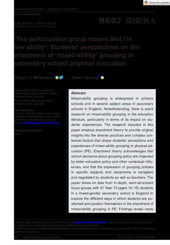 ‘The participation group means that I’m low ability’: Students’ perspectives on the enactment of ‘mixed-ability’ grouping in secondary school physical education
