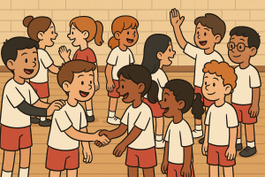 Cartoon image of students forming groups happily in a Physical Education lesson