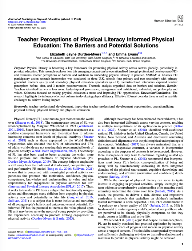 Teacher Perceptions of Physical Literacy Informed Physical Education: The Barriers and Potential Solutions