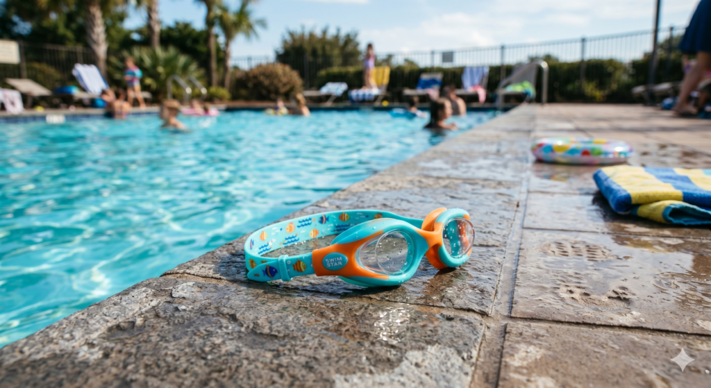 Gemini created image of goggles on side of swimming pool
