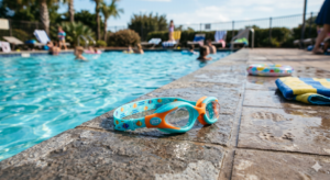 Gemini created image of goggles on side of swimming pool